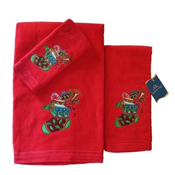 3-Piece 100% Cotton Christmas Towel set Embroidered Design Large Bath Towel Red - Picture 3 of 13